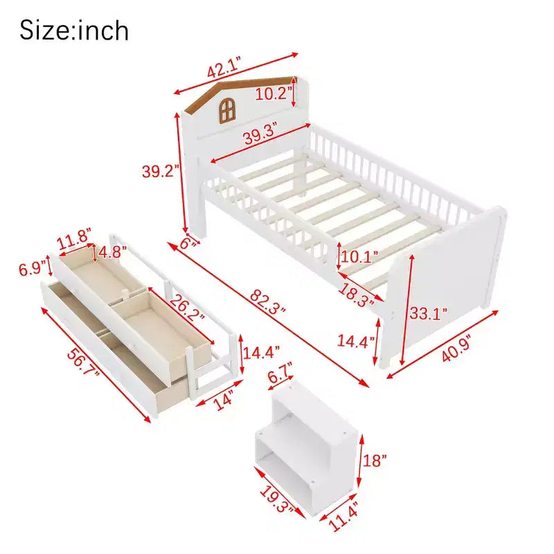 Lit mezzanine bas Whisen avec lumières LED, tête de lit en forme de maison et tiroirs de rangement, construction robuste