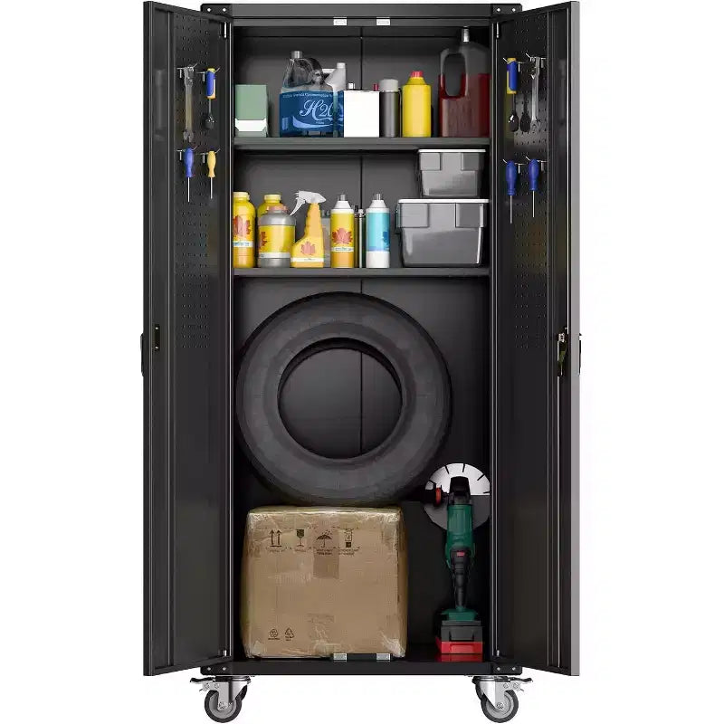 Armoire de rangement de garage avec roues et panneau perforé, armoire de rangement métallique verrouillable de 72 po de hauteur avec 2 portes et 4 étagères réglables pour atelier de garage