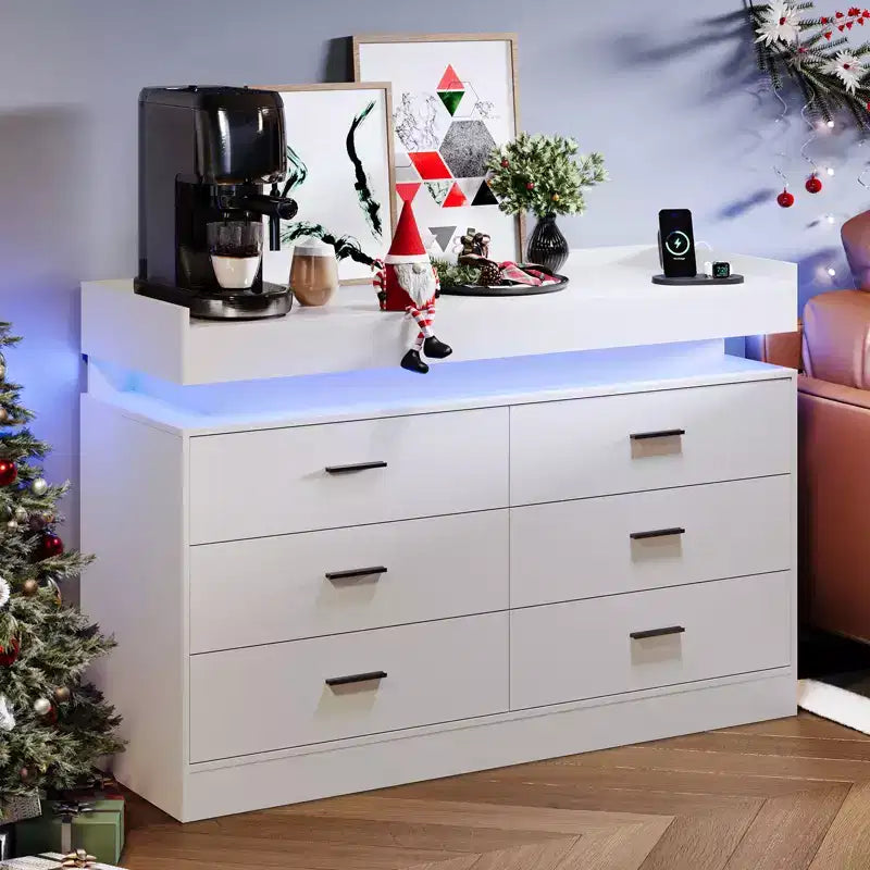 Meuble TV moderne avec 6 tiroirs et lumières LED, bar à café flottant pour centre de divertissement de salon