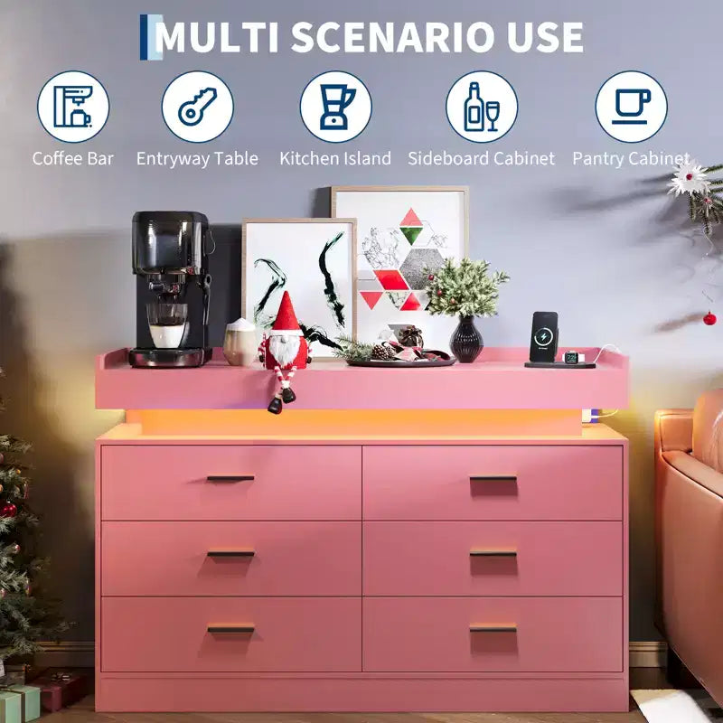 Meuble TV moderne avec 6 tiroirs et lumières LED, bar à café flottant pour centre de divertissement de salon