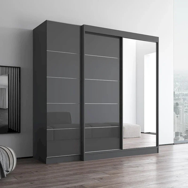 Armoire 2 portes avec miroir, façade vitrée, 2 personnes (Gris / Noir / Blanc)