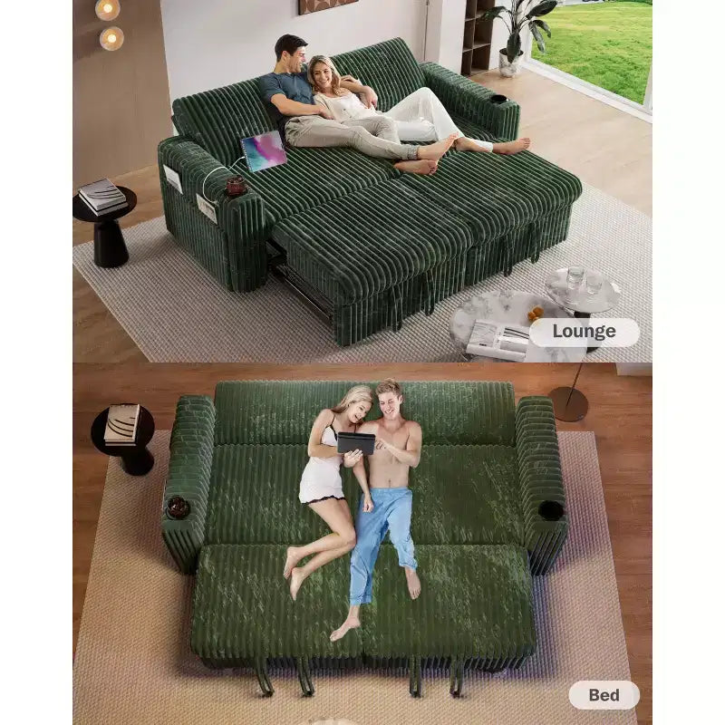 Canapé-lit d'angle Dyonery 91 avec lit gigogne, dossier inclinable/deux lits gigognes/ports USB/porte-gobelets, velours côtelé moelleux