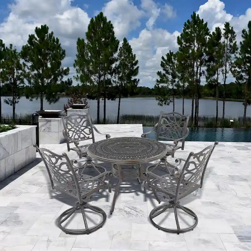 Ensemble de salle à manger d'extérieur 5 pièces en fonte d'aluminium avec 4 chaises pivotantes