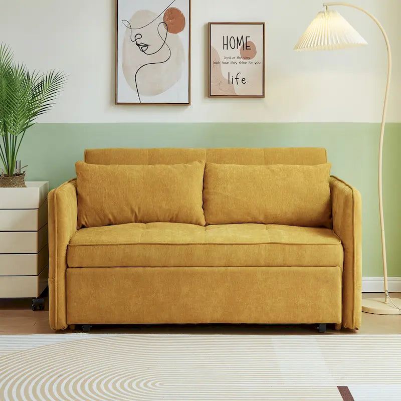 Canapé-lit gigogne en tissu chenille jaune - 39,00 x 53,50 x 31,50
