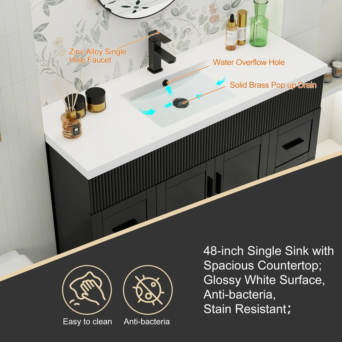 Meuble-lavabo de salle de bain Wavy Line 30/36/48 avec évier et robinet