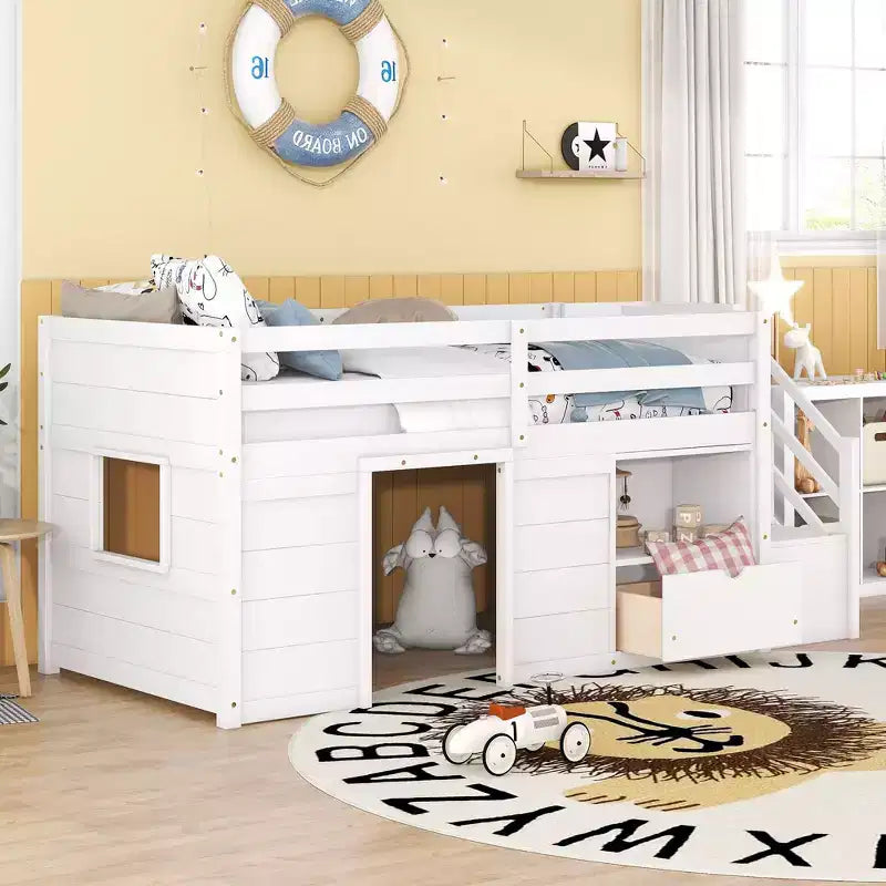 Lit mezzanine jumeau Okak en bois massif avec escalier et rangement, lits superposés jumeaux à profil bas avec tiroirs et étagères, lits mezzanine multifonctionnels pour enfants et adolescents