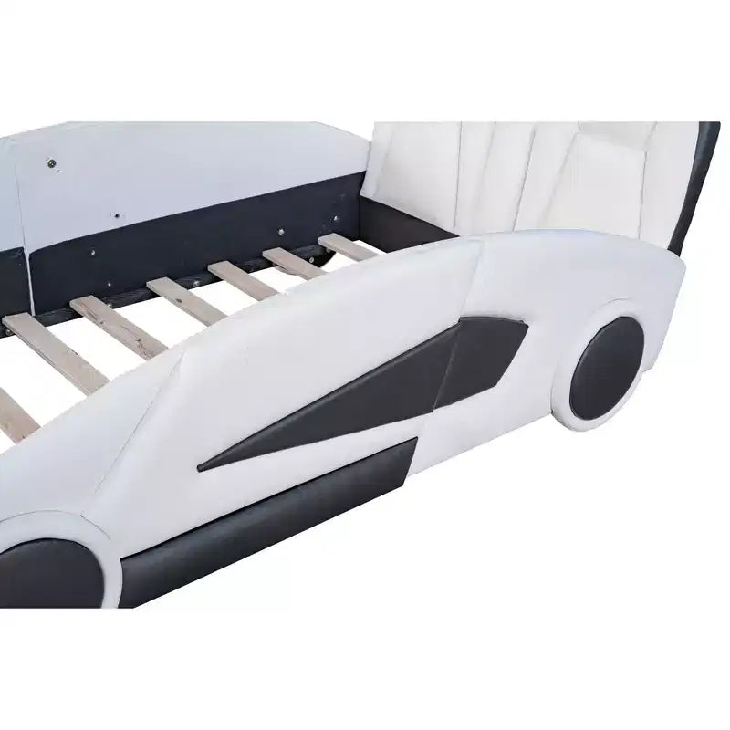 Lit plateforme Whisen Wood en forme de voiture de course, taille double, avec LED et dossier rembourré