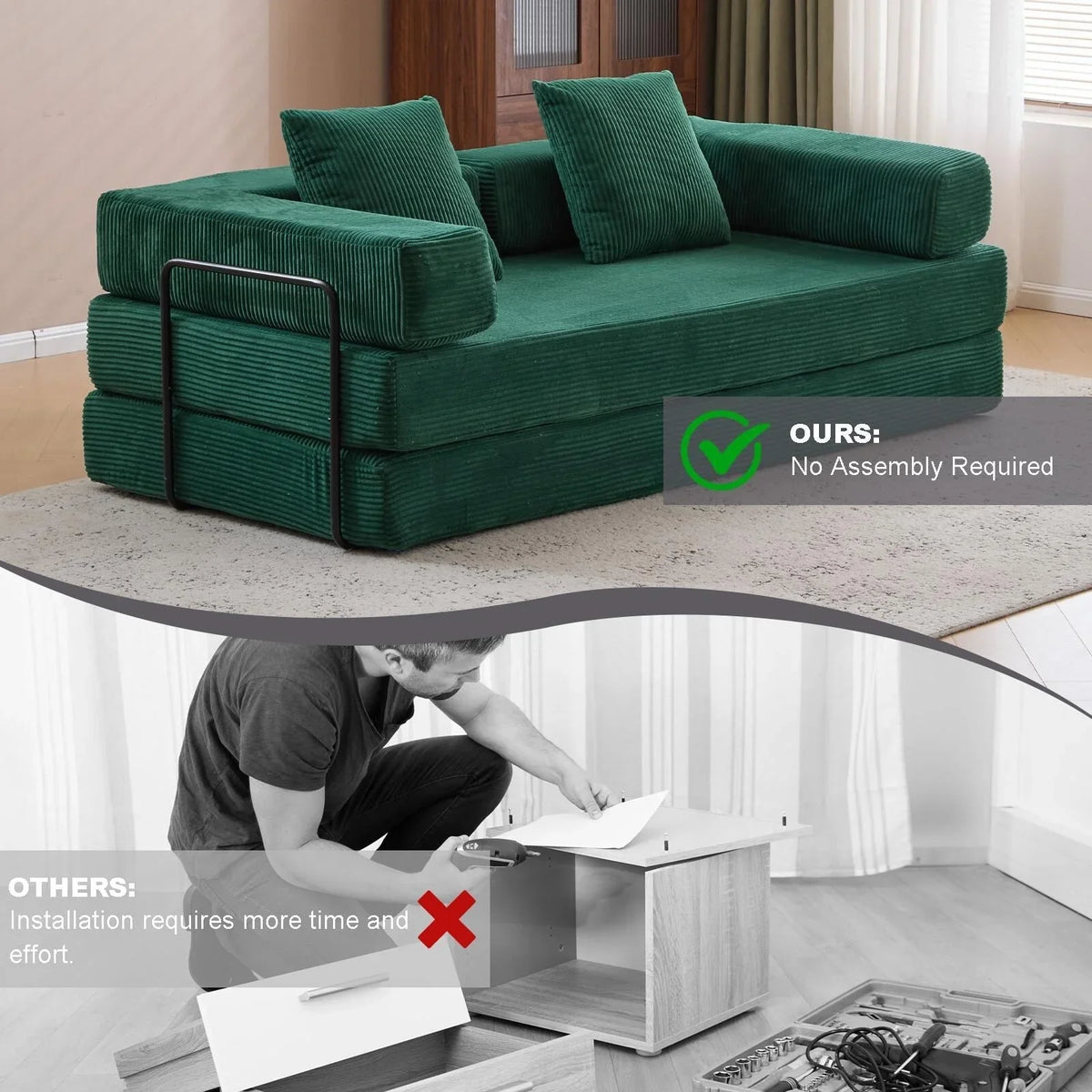 Canapé-lit convertible avec dossier à oreillers en tissu chenille pour salon et chambre