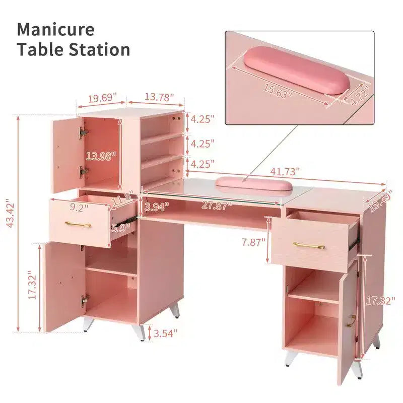 Bureau de manucure moderne noir/rose avec plateau en verre et repose-poignet, poste unique