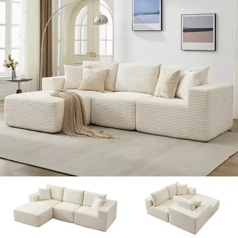 Canapé moderne 108, canapé 3 places rembourré en forme de L avec oreillers, canapé à assise profonde, aucun assemblage requis