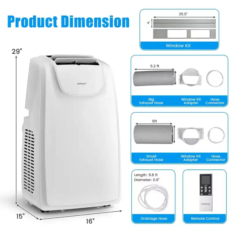 Climatiseur portable Costway 8000 BTU (11 500 BTU ASHRAE) à double tuyau 3 en 1 avec télécommande