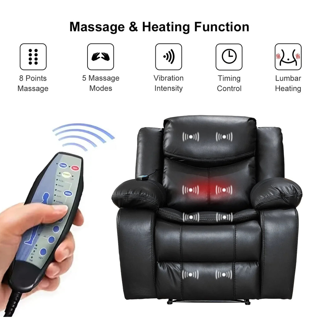 Fauteuil inclinable massant et chauffant en cuir, assise large et durable