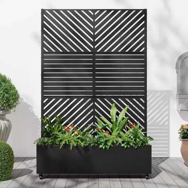 MAYEERTY Jardinière avec treillis en fer noir, ligne parallèle 01, style combiné classique à persiennes, 183x119x41cm, ensemble de 3 pièces