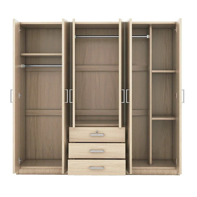 Armoire 6 portes en bois avec 3 grands tiroirs de rangement pour chambre à coucher