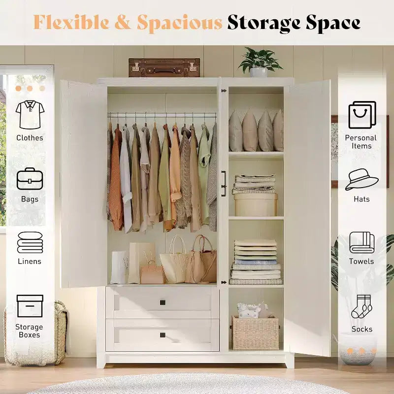 AMERLIFE Armoire de garde-robe de ferme 47 avec 3 portes, 2 tiroirs, tringle à vêtements et étagères réglables, organisateur de placard autoportant