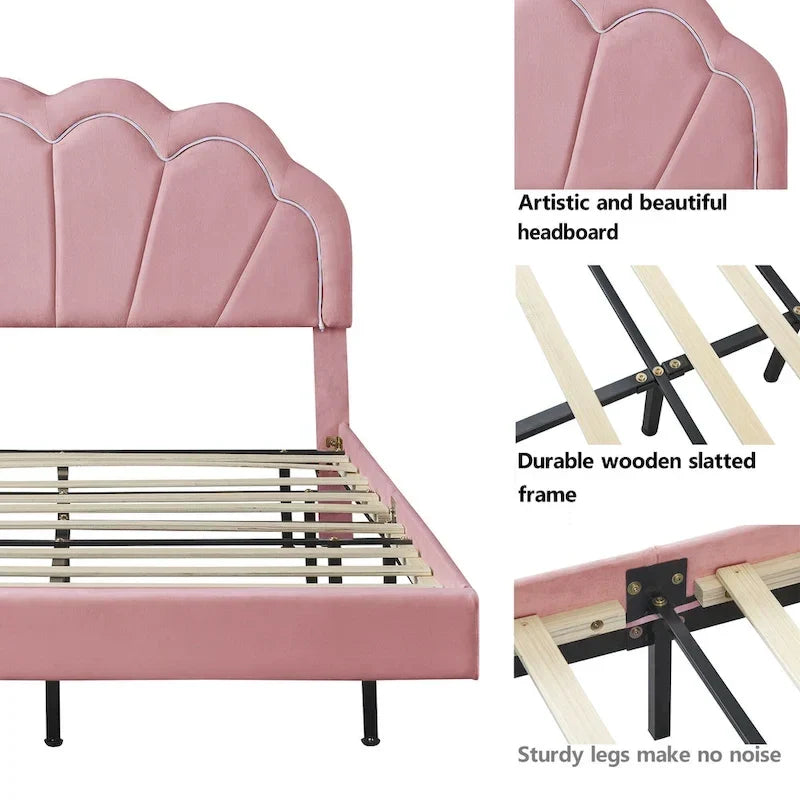 Ensembles de chambre à coucher 2 pièces – Lit plateforme double avec LED et pouf de rangement