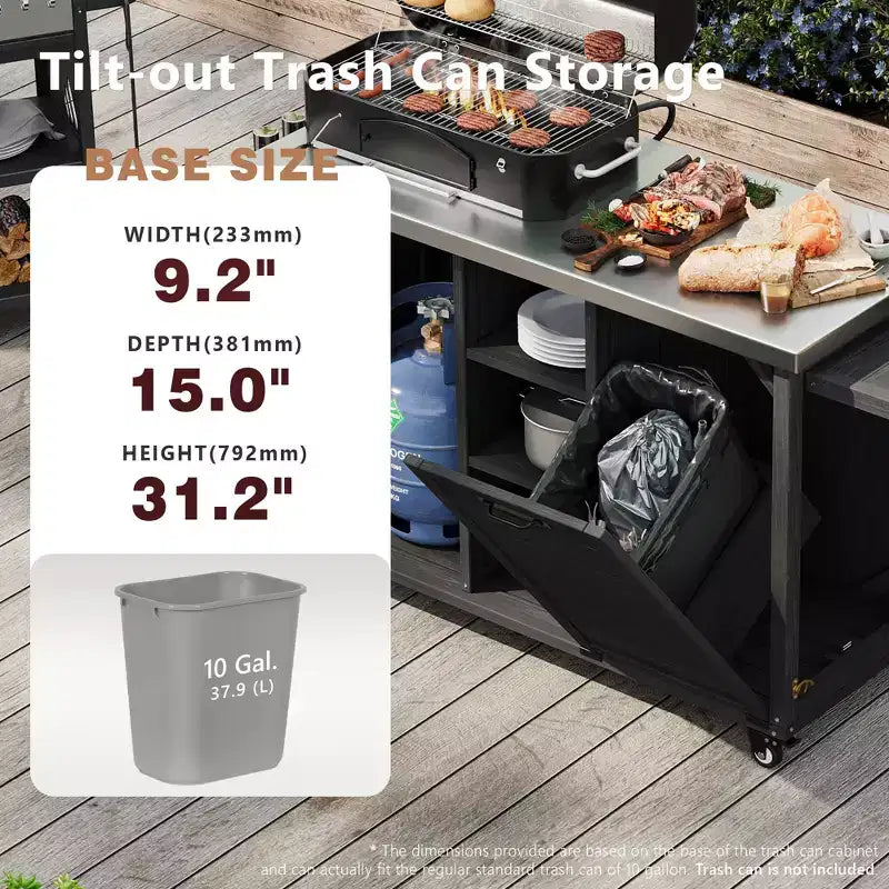 Îlot de cuisine extérieure de 198,9 cm avec comptoir en acier inoxydable, station de barbecue pliable et armoires de rangement, noir