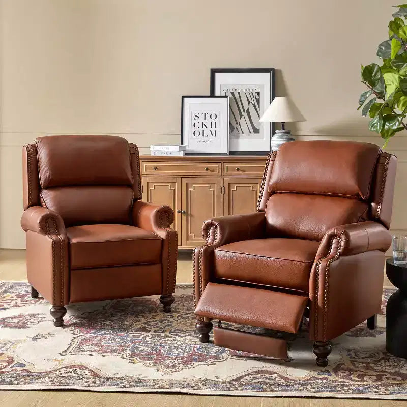 Ensemble de 2 fauteuils inclinables modernes en cuir véritable Elisabete avec garniture cloutée vintage pour salon et chambre à coucher | ART OF LIVING DESIGNS