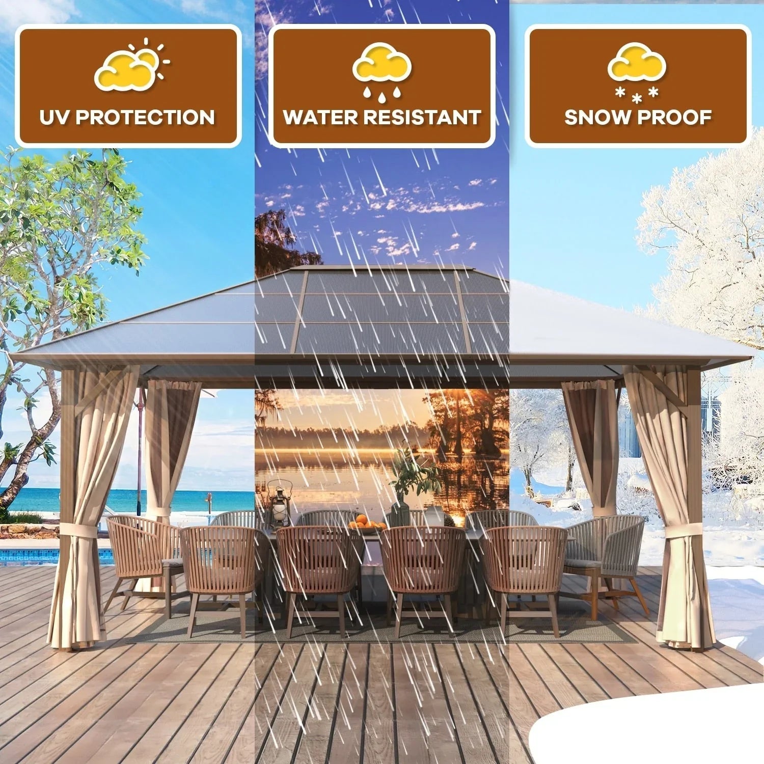Tonnelle EROMMY à toit rigide, pergola extérieure avec double toit, moustiquaire et rideaux, auvent robuste pour patio, jardin, fête au bord de la piscine