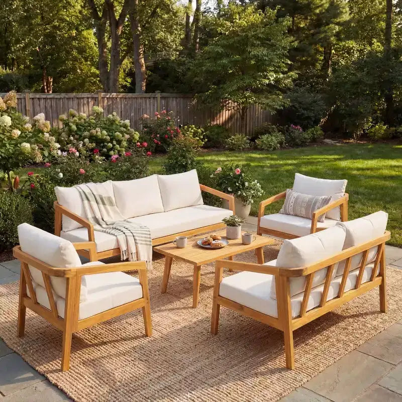 Christopher Knight Home Sunny Salon de jardin moderne 5 pièces en acacia avec table rectangulaire à lattes et 7 places