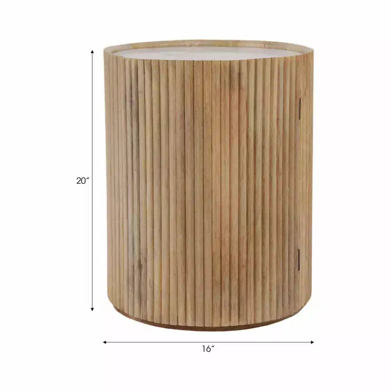 Table d'appoint décorative en bois nervuré avec plateau en marbre et rangement - Petite table d'appoint pour la décoration de la chambre ou du salon