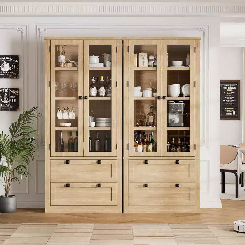 Vaisselier de cuisine de ferme avec portes vitrées, Armoire de rangement de 183 cm avec tiroirs et étagères réglables pour salle à manger, salle de bain, salon