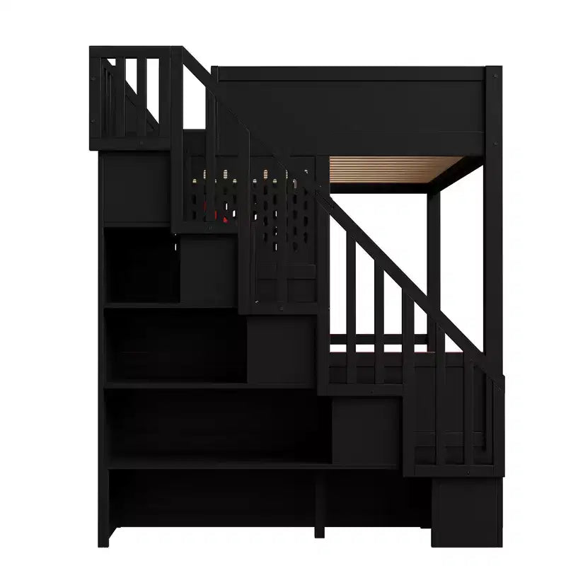 Lit mezzanine pleine grandeur pour gamer avec bureau et lumière LED, lit surélevé pleine grandeur en bois avec escalier de rangement et USB, rouge + noir