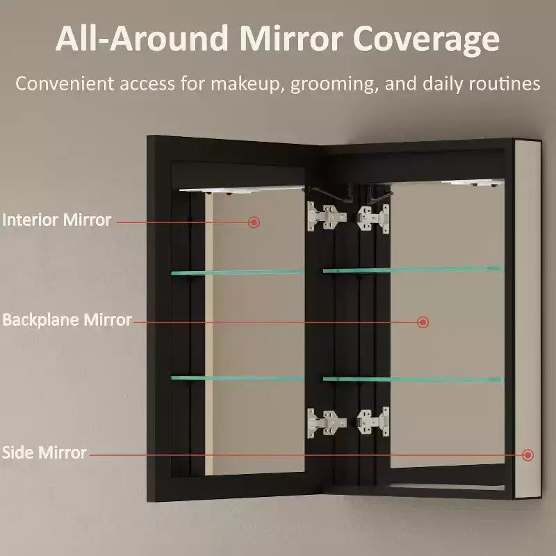 Armoire de toilette avec miroir LED, montage en saillie ou encastré, lumière dimmable, anti-buée, étagères réglables