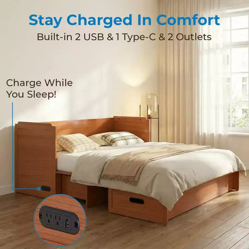 Lit armoire escamotable convertible Mjkone Queen Size avec chargement USB, tiroirs de rangement, matelas non inclus