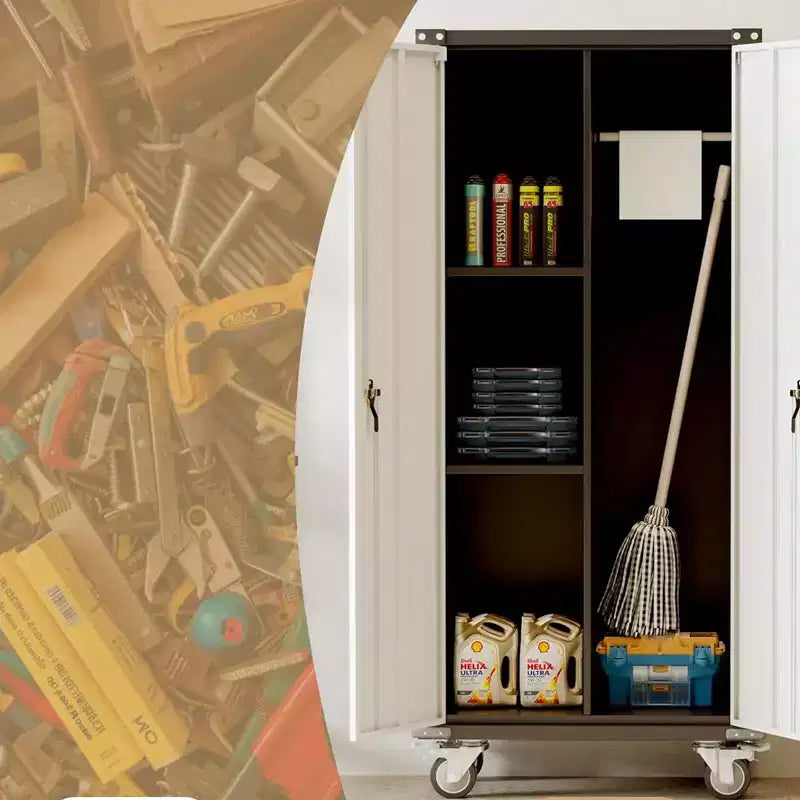 Armoire de rangement de garage avec roues et panneau perforé, armoire de rangement métallique verrouillable de 72 po de hauteur avec 2 portes et 4 étagères réglables pour atelier de garage