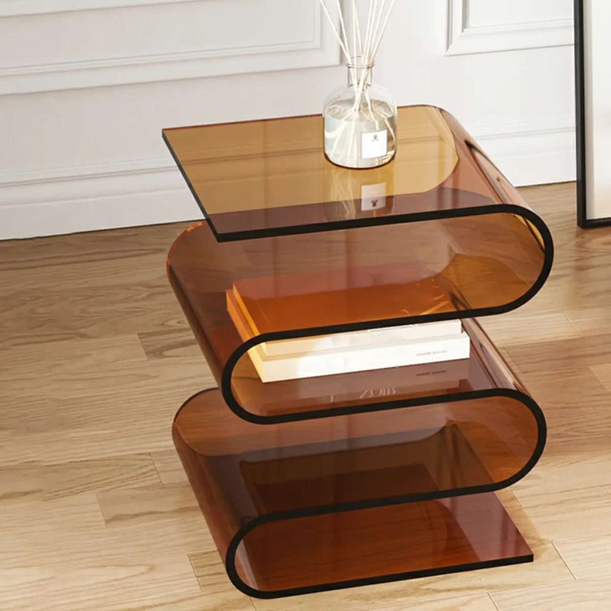 Table d'appoint contemporaine en acrylique en forme de S avec rangement
