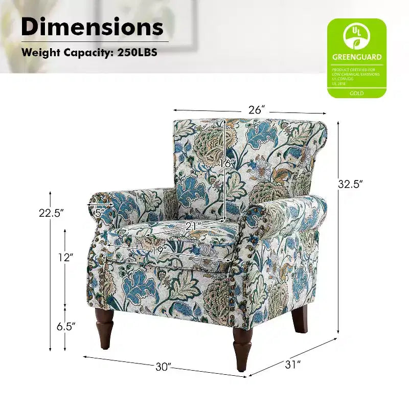 Fauteuil en bois traditionnel Araceli, rembourré à motifs floraux, avec dossier à oreilles et garniture cloutée | ART OF LIVING DESIGNS