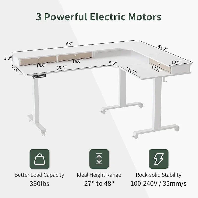 Bureau d'angle électrique debout avec 3 tiroirs et roulettes verrouillables, 160