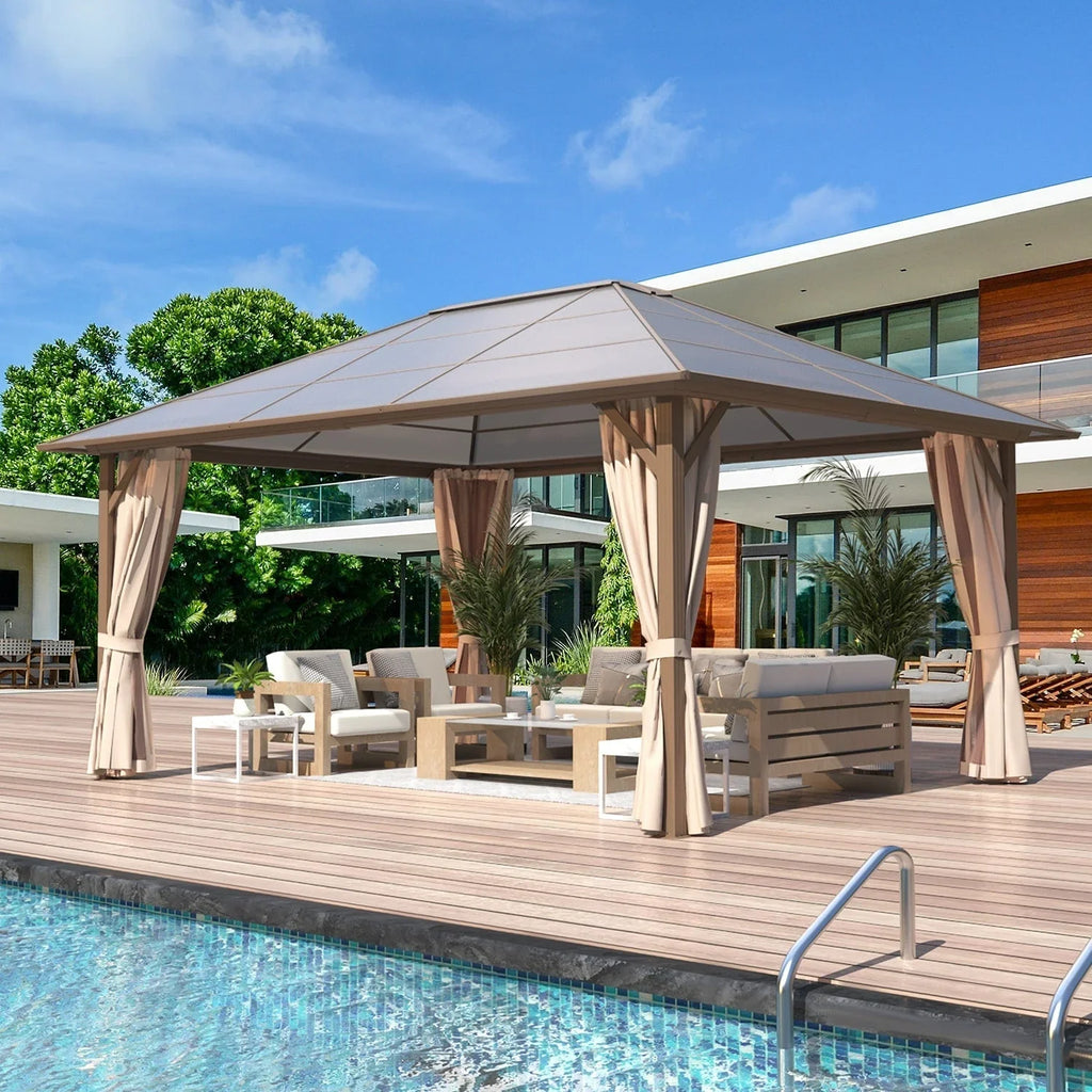 Tonnelle EROMMY à toit rigide, pergola extérieure avec double toit, moustiquaire et rideaux, auvent robuste pour patio, jardin, fête au bord de la piscine