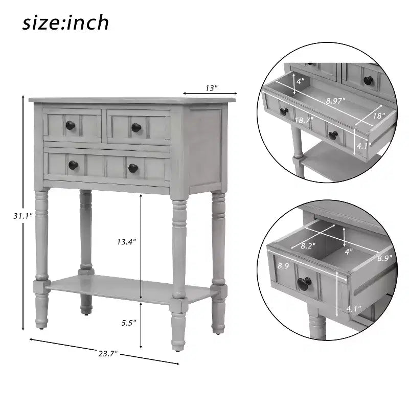 Console étroite de 60 cm avec 3 tiroirs et étagère, table d'appoint pour petite entrée ou salon