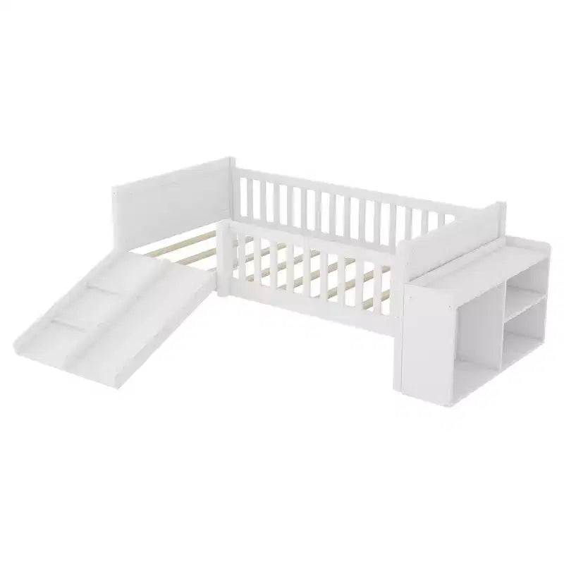 Lit superposé simple Whisen pour enfant avec toboggan, étagère de rangement mobile, balustrades, cadre de lit mezzanine bas
