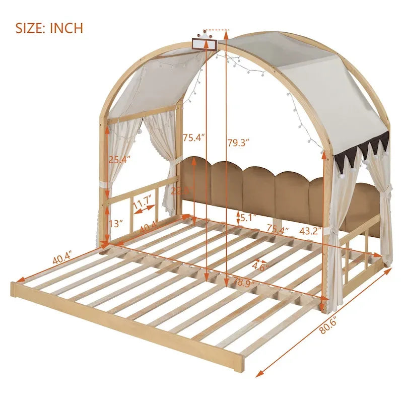 Lit cabane Montessori en bois massif avec plateforme, toit voûté et lit gigogne pour filles et garçons