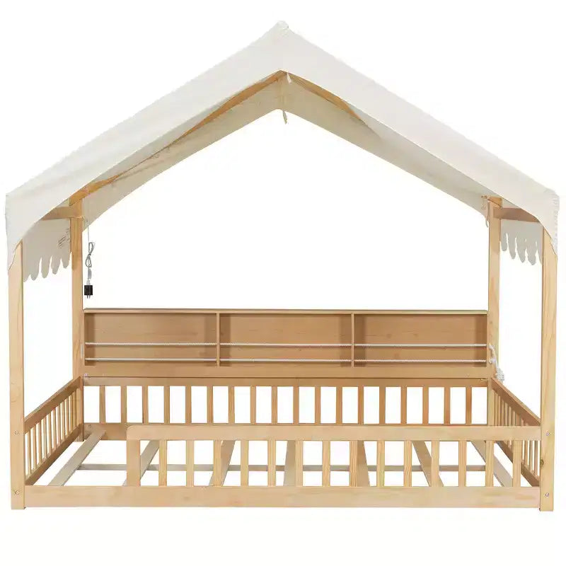 Cadre de lit en bois pleine grandeur Whisen, lit de repos en forme de maison avec clôture, 3 étagères de rangement, rideau