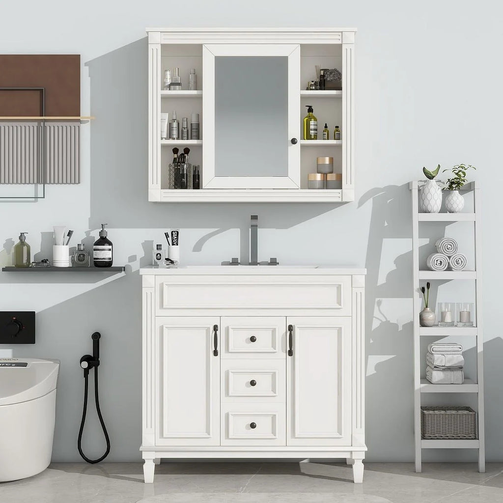 Meuble-lavabo de salle de bain moderne de 91 cm avec lavabo et armoire de toilette, 2 portes et 2 tiroirs