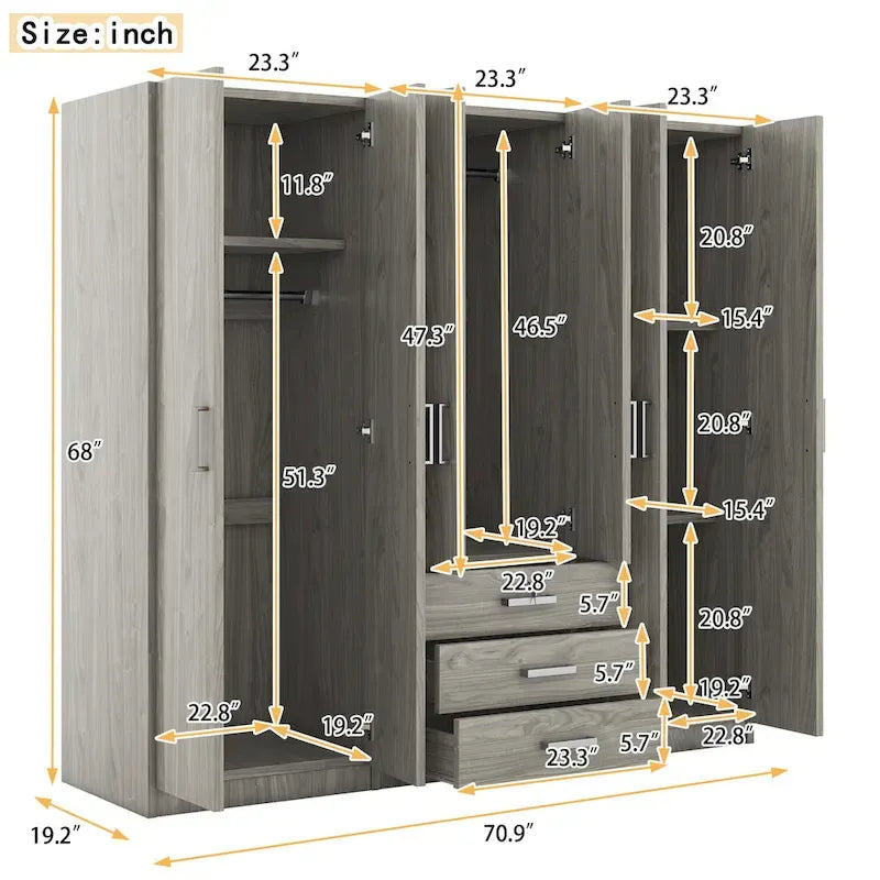 Armoire 6 portes en bois avec 3 grands tiroirs de rangement pour chambre à coucher