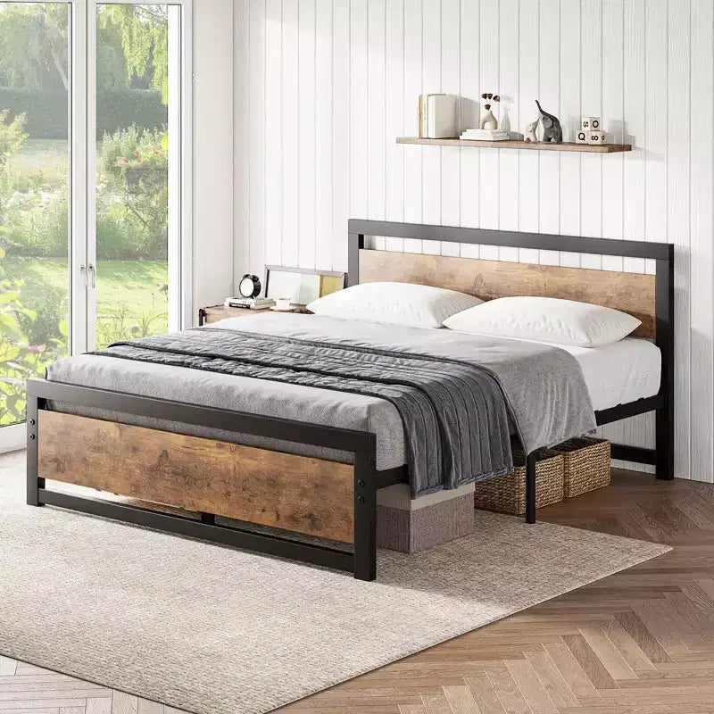 Cadre de lit robuste avec tête et pied de lit, plateforme métallique avec rangement de 35 cm, sans bruit et assemblage sans outils, marron vintage