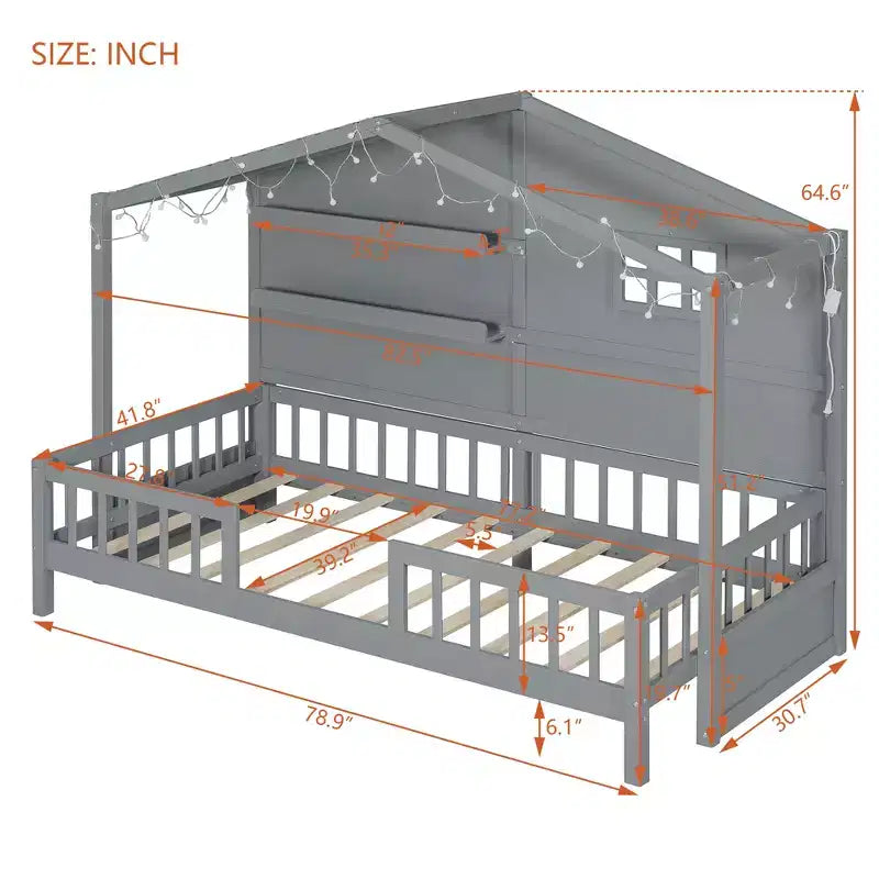 Lit cabane double avec étagères de rangement et barrières, cadre de lit Montessori en bois pour enfants avec fenêtre et bande lumineuse scintillante