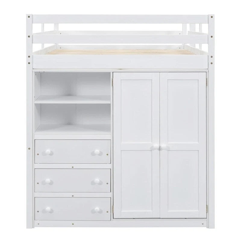 Lit mezzanine en bois pleine grandeur avec armoire intégrée, bureau, étagères de rangement et tiroirs