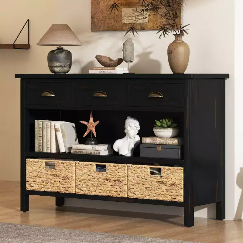 Console de table d'entrée avec rangement, table de couloir de style ferme avec 3 tiroirs et 3 paniers en jacinthe d'eau pour salon ou hall d'entrée - Panipeachy