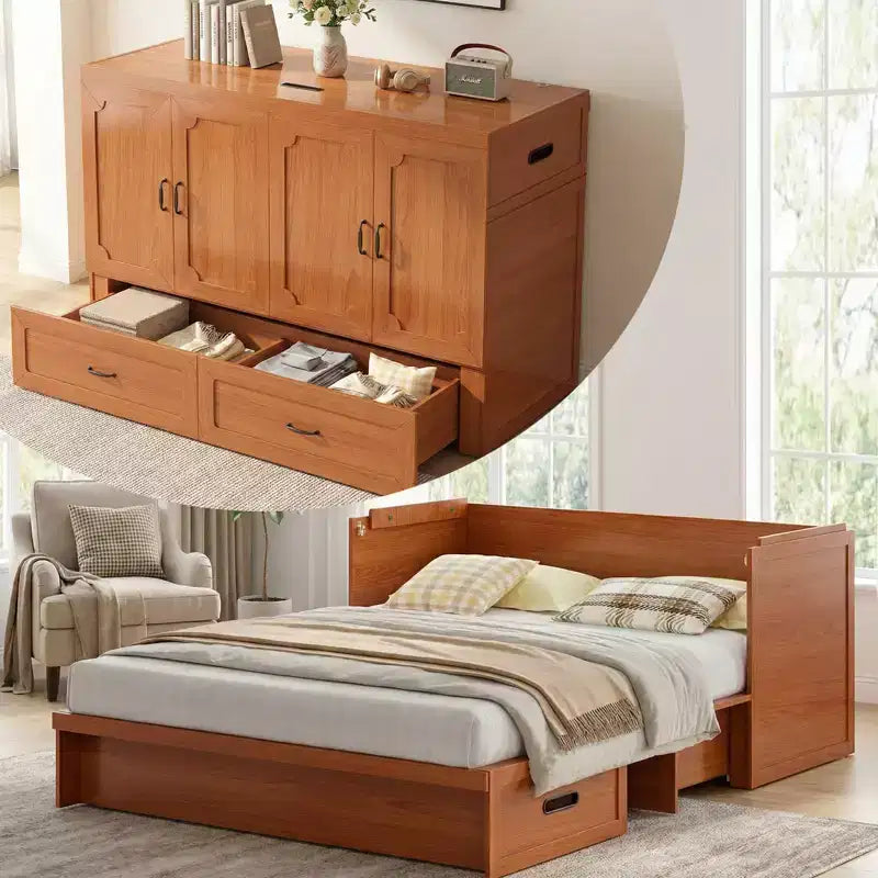 Lit armoire escamotable convertible Mjkone Queen Size avec chargement USB, tiroirs de rangement, matelas non inclus