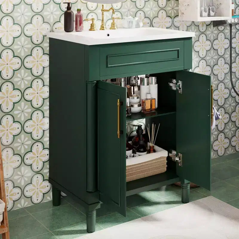 Meuble-lavabo de 24 po avec évier en céramique, armoire Shaker, 2 portes à fermeture amortie, cadre en bois massif pour petite salle de bain ou salle d'eau