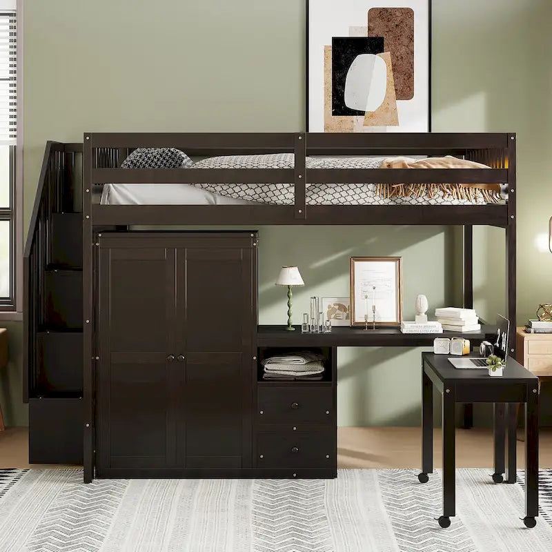 Lit mezzanine double avec escalier, bibliothèque, bureau et armoire – Meuble multifonctionnel et peu encombrant pour enfants et adolescents – Blanc
