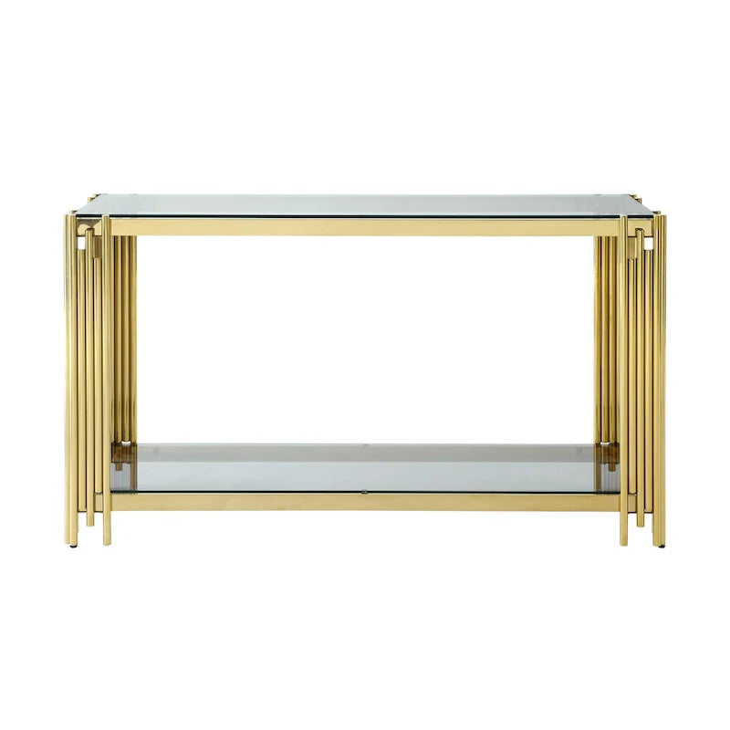 Console étroite à 2 niveaux avec structure en métal doré et plateau en verre trempé