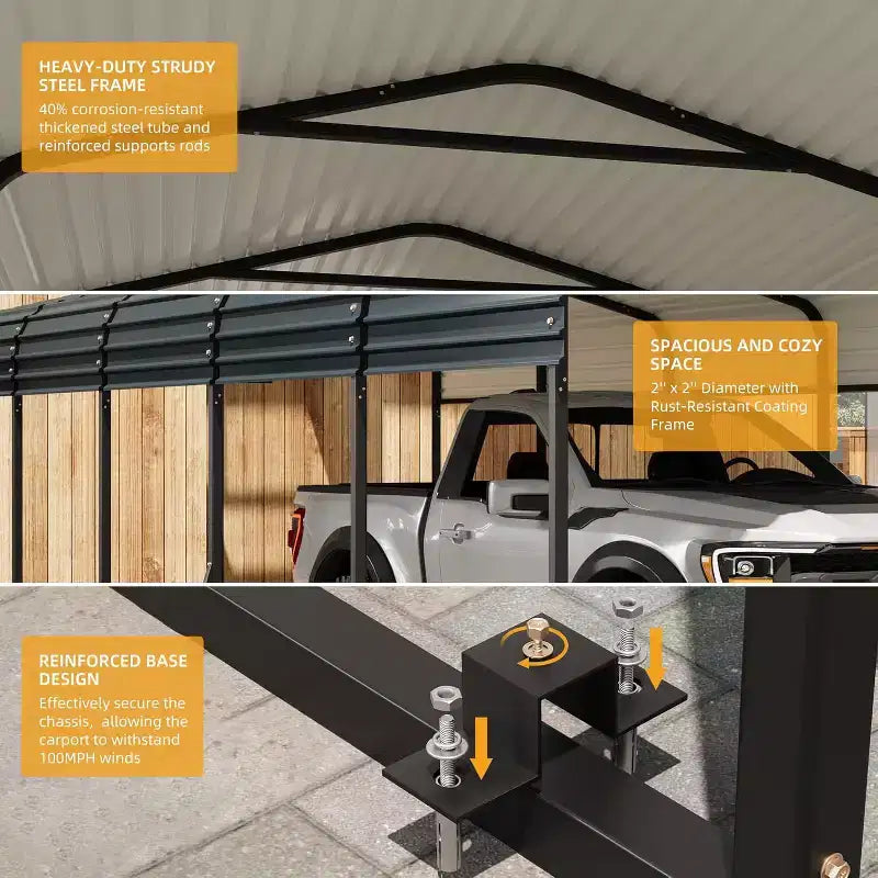 Abri de voiture en métal LinTimes 3,6 x 7,3 m avec toit en acier galvanisé, cadre thermolaqué, abri résistant à l'eau pour véhicules, protection extérieure