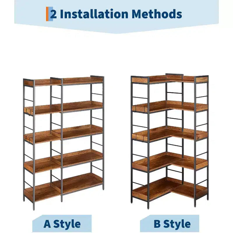 Étagère d'angle en forme de L à 5 niveaux Bibliothèque industrielle en bois et métal de 165 cm (Marron rustique) Rangement réversible pour salon, chambre et bureau à domicile